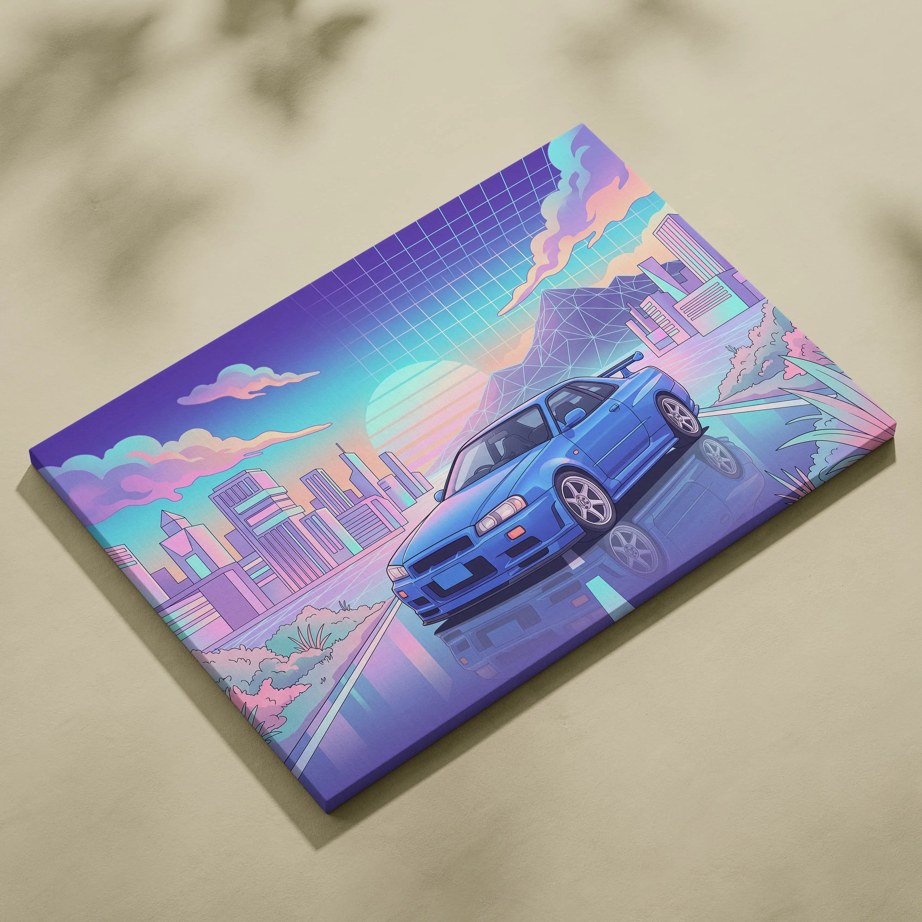Nissan Skyline GT-R R34 Inspired Vaporwave Neon City Canvas - Car Art Neon Pink Blue Room Retro Futurism Vaporwave Canvas