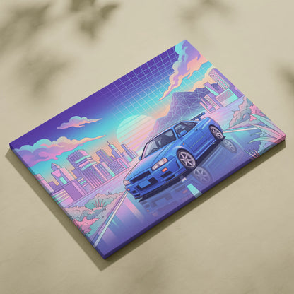 Nissan Skyline GT-R R34 Inspired Vaporwave Neon City Canvas - Car Art Neon Pink Blue Room Retro Futurism Vaporwave Canvas