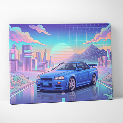 Nissan Skyline GT-R R34 Inspired Vaporwave Neon City Canvas - Car Art Neon Pink Blue Room Retro Futurism Vaporwave Canvas