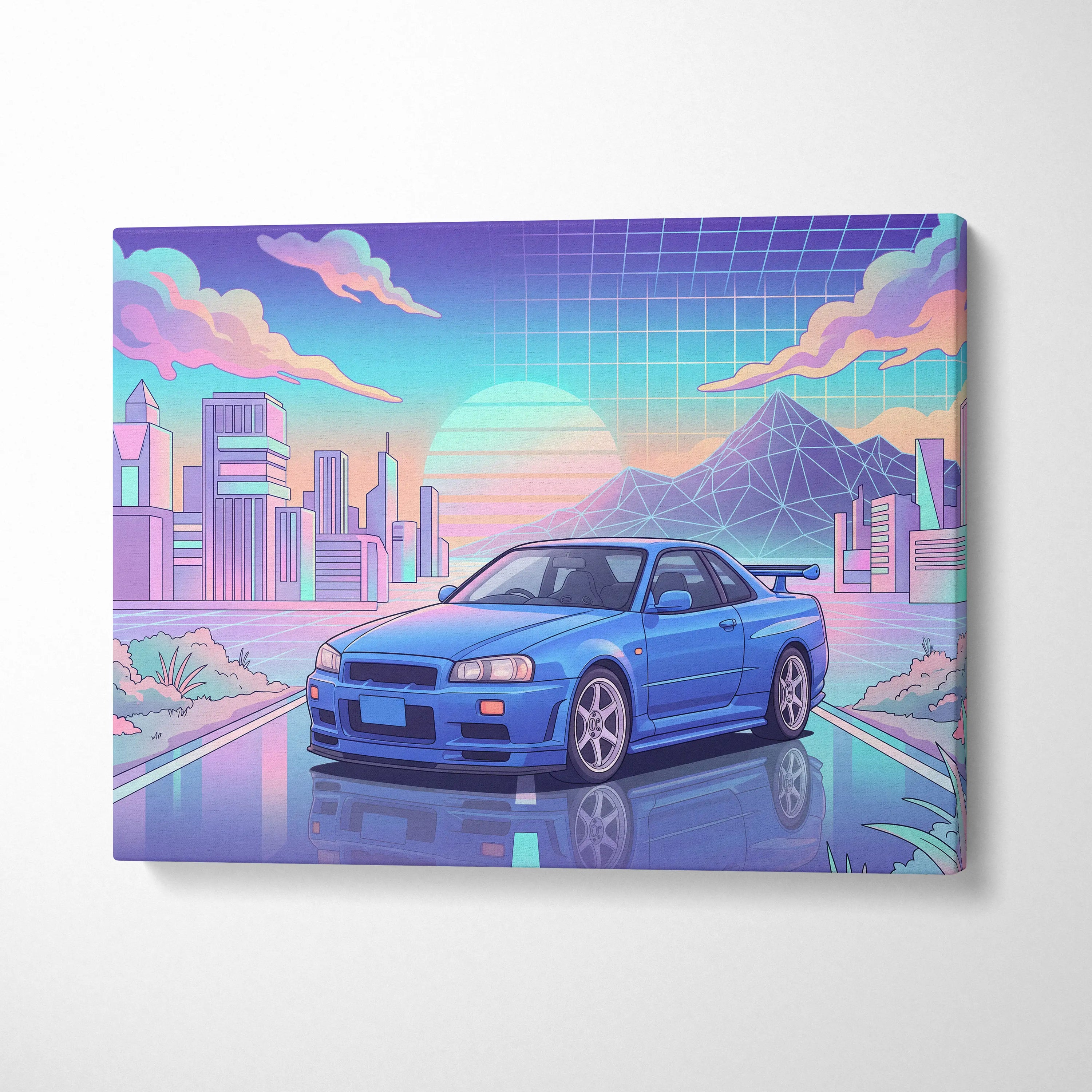 Nissan Skyline GT-R R34 Inspired Vaporwave Neon City Canvas - Car Art Neon Pink Blue Room Retro Futurism Vaporwave Canvas