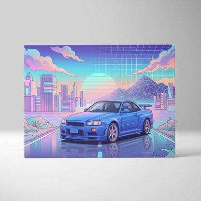 Nissan Skyline GT-R R34 Inspired Vaporwave Neon City Canvas - Car Art Neon Pink Blue Room Retro Futurism Vaporwave Canvas