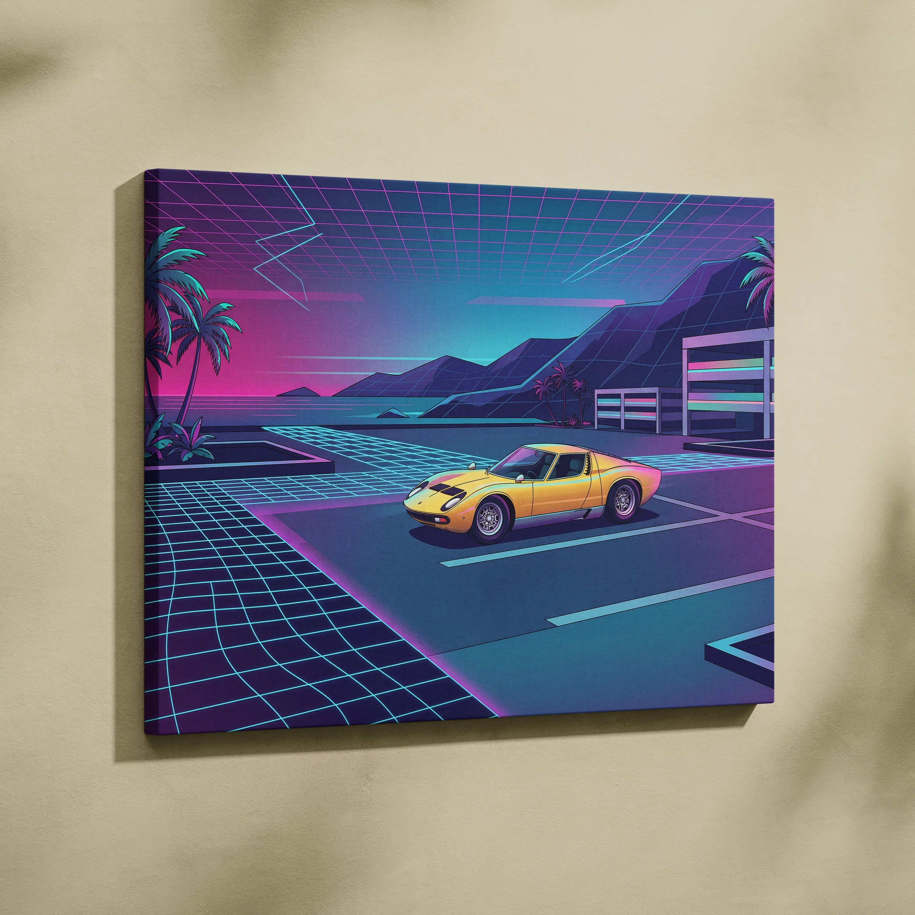 Lamborghini Miura Inspired, Neon Palm Vaporwave Canvas - Neon Palm Vaporwave Wall Art