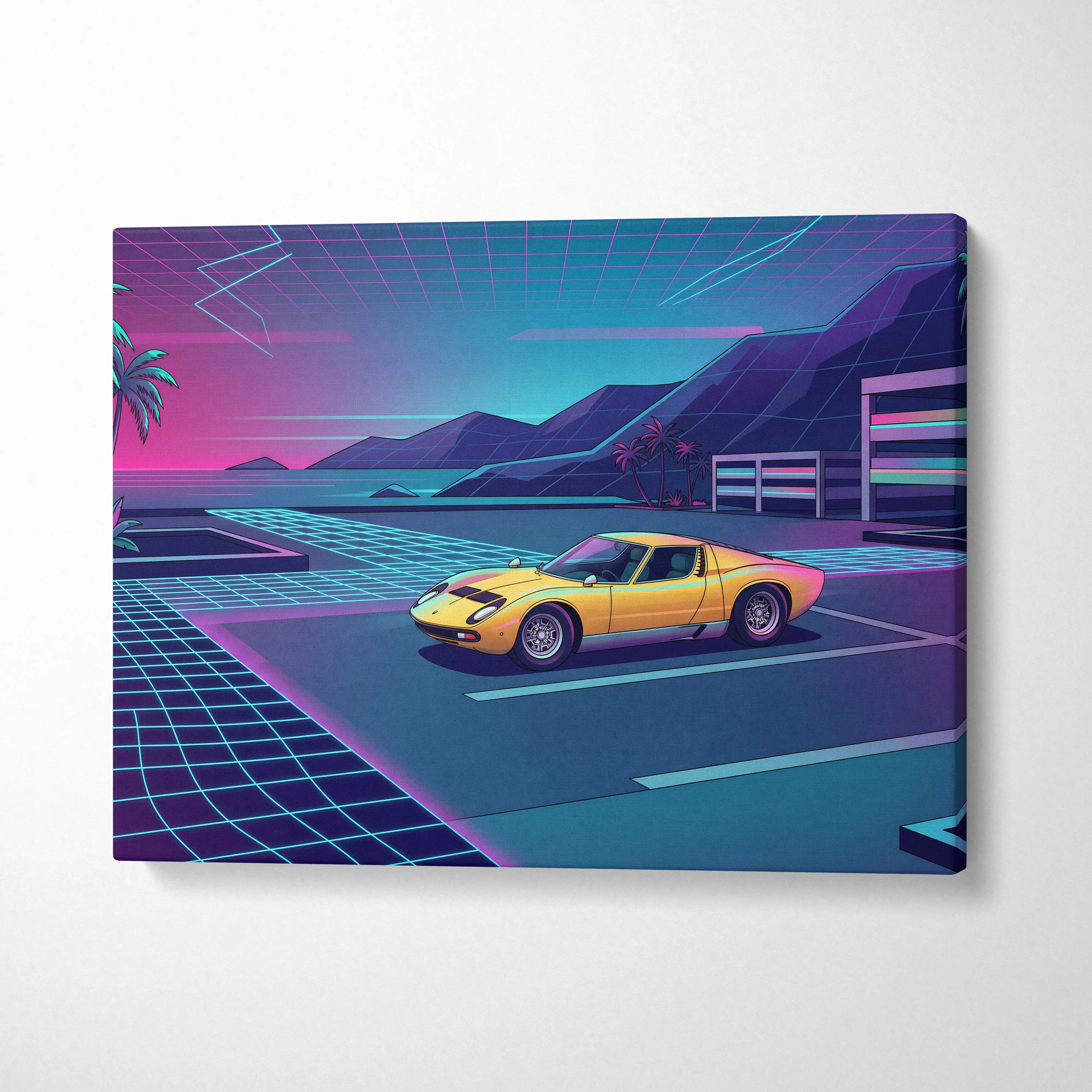 Vibrant yellow lamborghini miura inspired sports car in retro-futuristic digital art on neon palm vaporwave canvas wall art