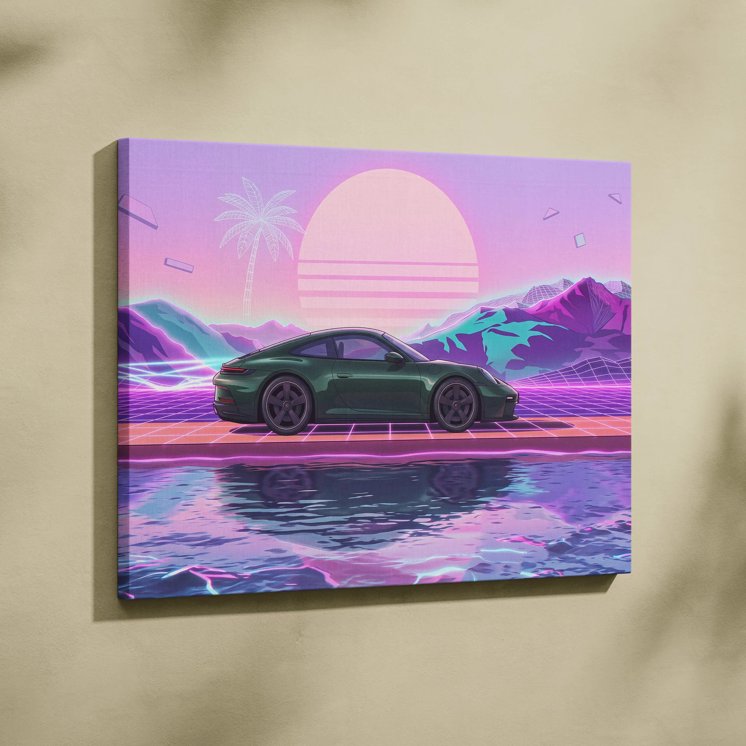 Porsche 911 Inspired Neon Sunset Palm Car - Vaporwave Artwork Teal Pink Living Room Retro Futurism Mood Canvas Print