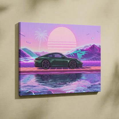 Porsche 911 Inspired Neon Sunset Palm Car - Vaporwave Artwork Teal Pink Living Room Retro Futurism Mood Canvas Print