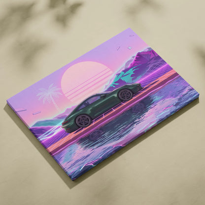Porsche 911 Inspired Neon Sunset Palm Car - Vaporwave Artwork Teal Pink Living Room Retro Futurism Mood Canvas Print