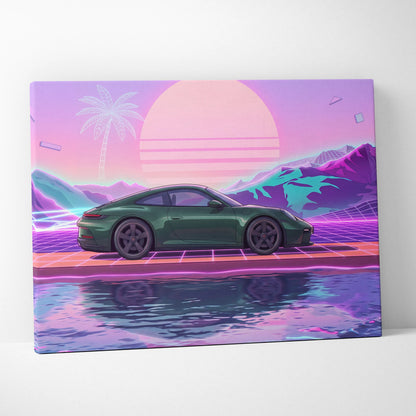 Porsche 911 Inspired Neon Sunset Palm Car - Vaporwave Artwork Teal Pink Living Room Retro Futurism Mood Canvas Print