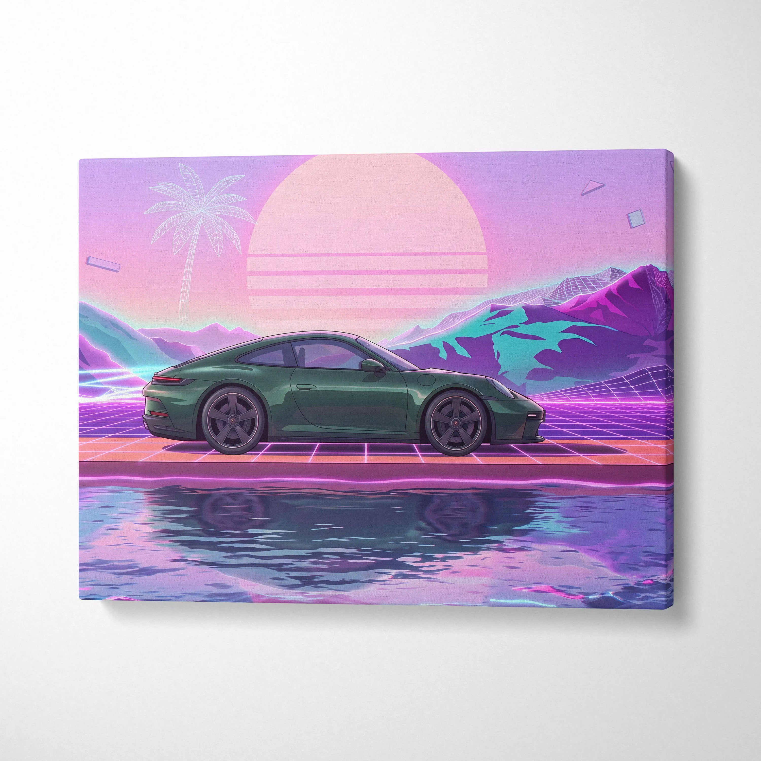 Porsche 911 Inspired Neon Sunset Palm Car - Vaporwave Artwork Teal Pink Living Room Retro Futurism Mood Canvas Print