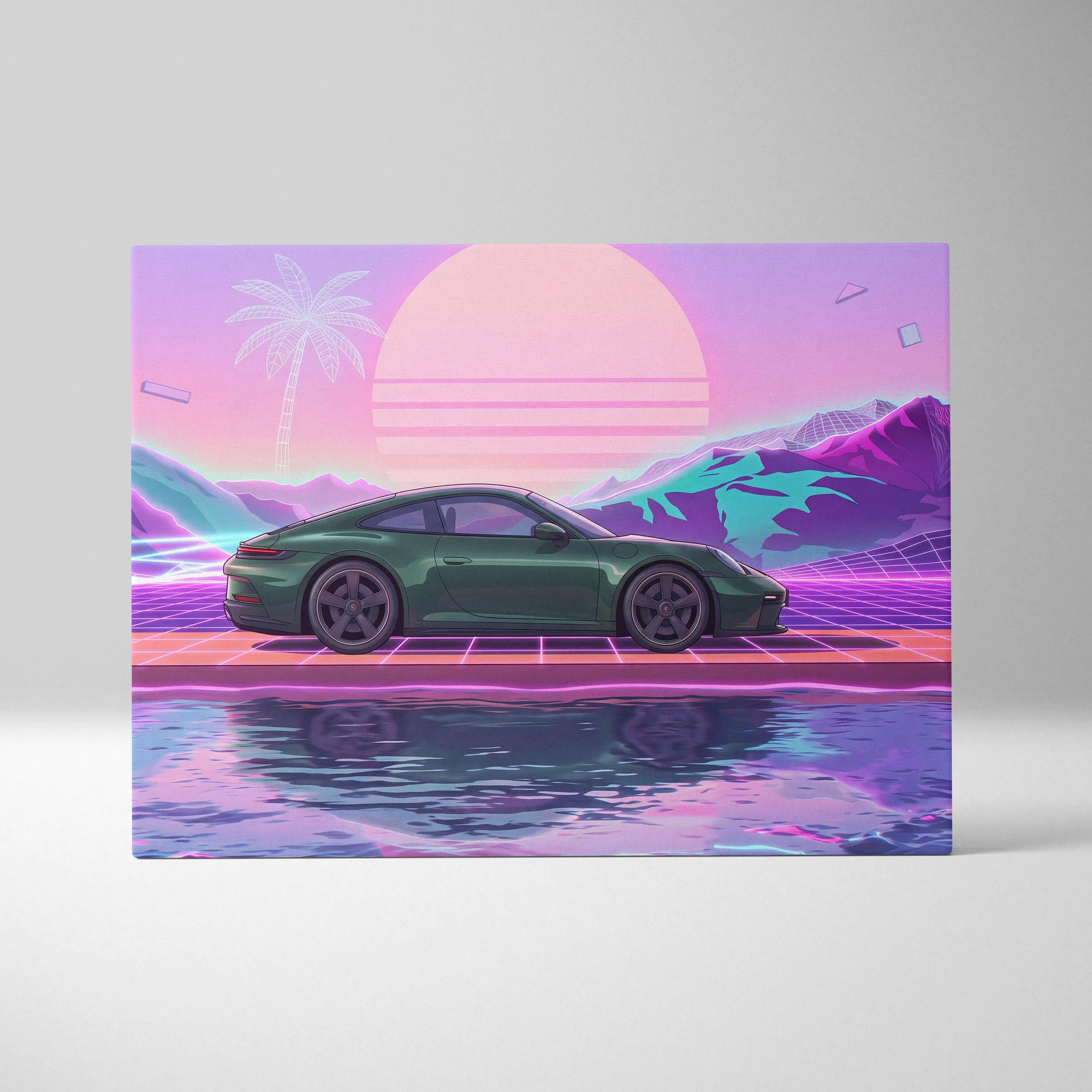 Porsche 911 Inspired Neon Sunset Palm Car - Vaporwave Artwork Teal Pink Living Room Retro Futurism Mood Canvas Print