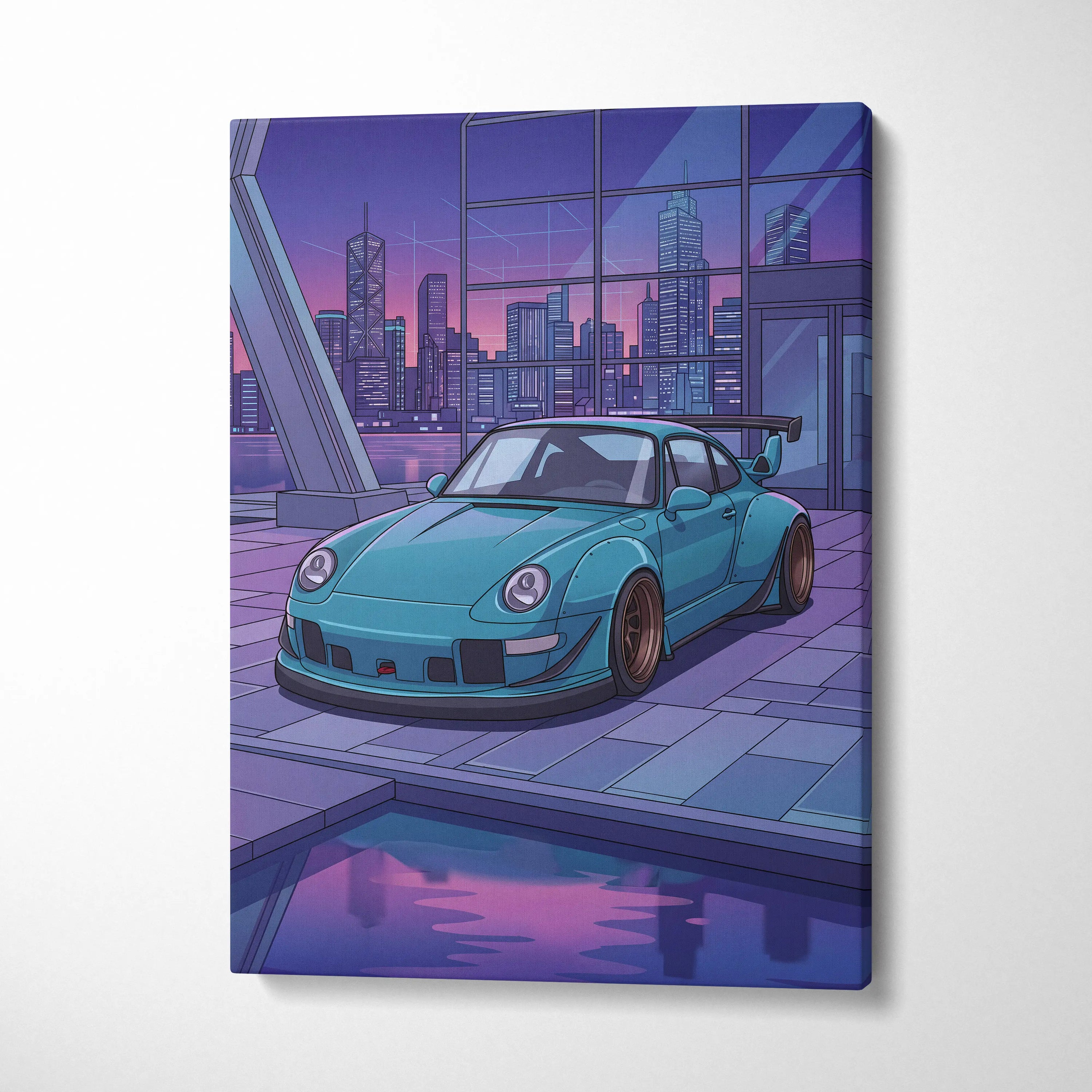 RWB Widebody Porsche 911 Inspired Neon Vaporwave City Canvas Art - Car Art Purple Teal Living Room Decor Vaporwave Canvas Print
