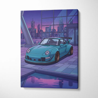 RWB Widebody Porsche 911 Inspired Neon Vaporwave City Canvas Art - Car Art Purple Teal Living Room Decor Vaporwave Canvas Print