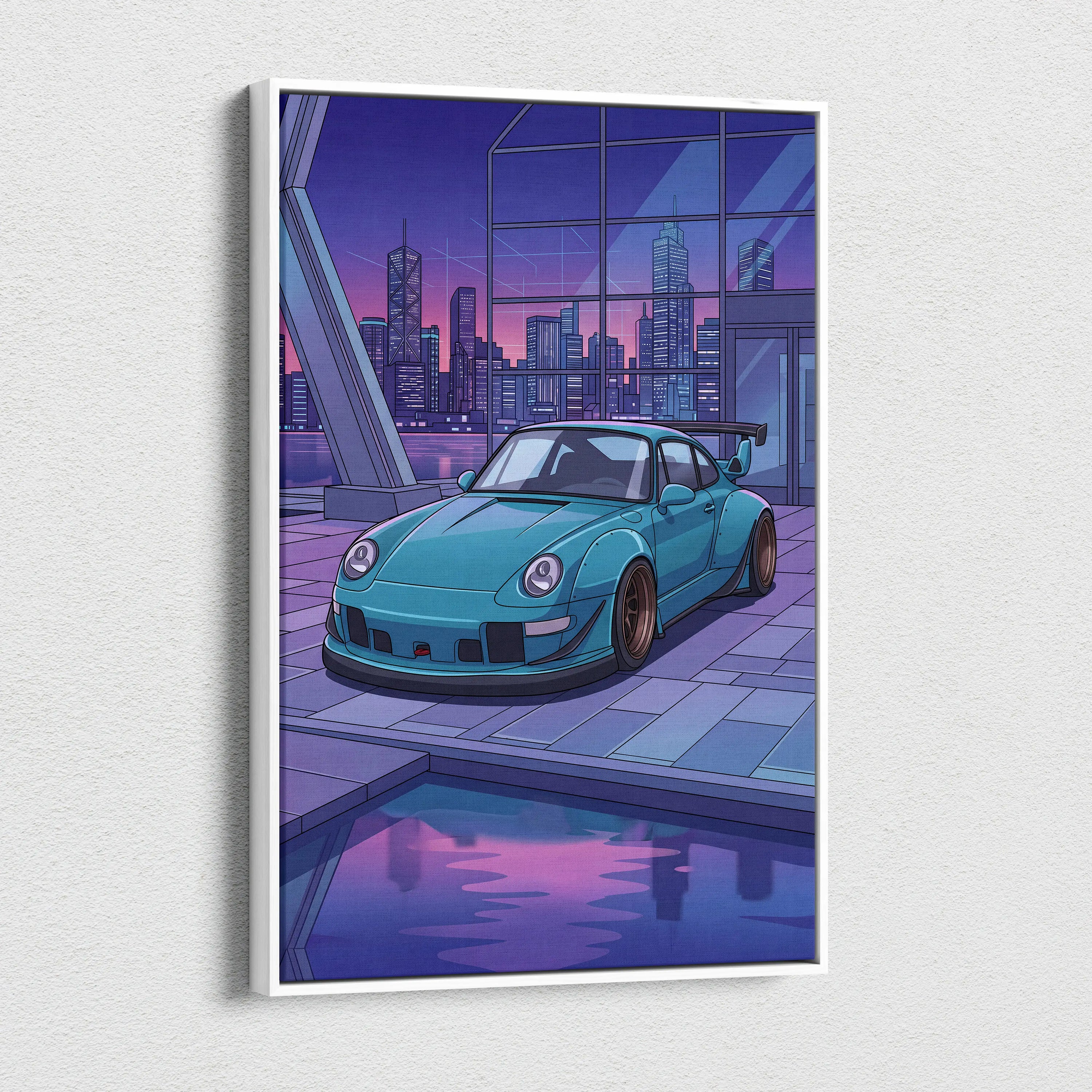 RWB Widebody Porsche 911 Inspired Neon Vaporwave City Canvas Art - Car Art Purple Teal Living Room Decor Vaporwave Canvas Print