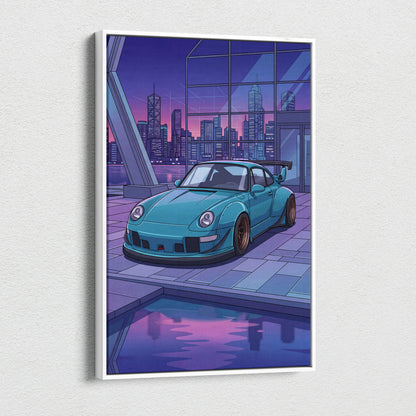 RWB Widebody Porsche 911 Inspired Neon Vaporwave City Canvas Art - Car Art Purple Teal Living Room Decor Vaporwave Canvas Print