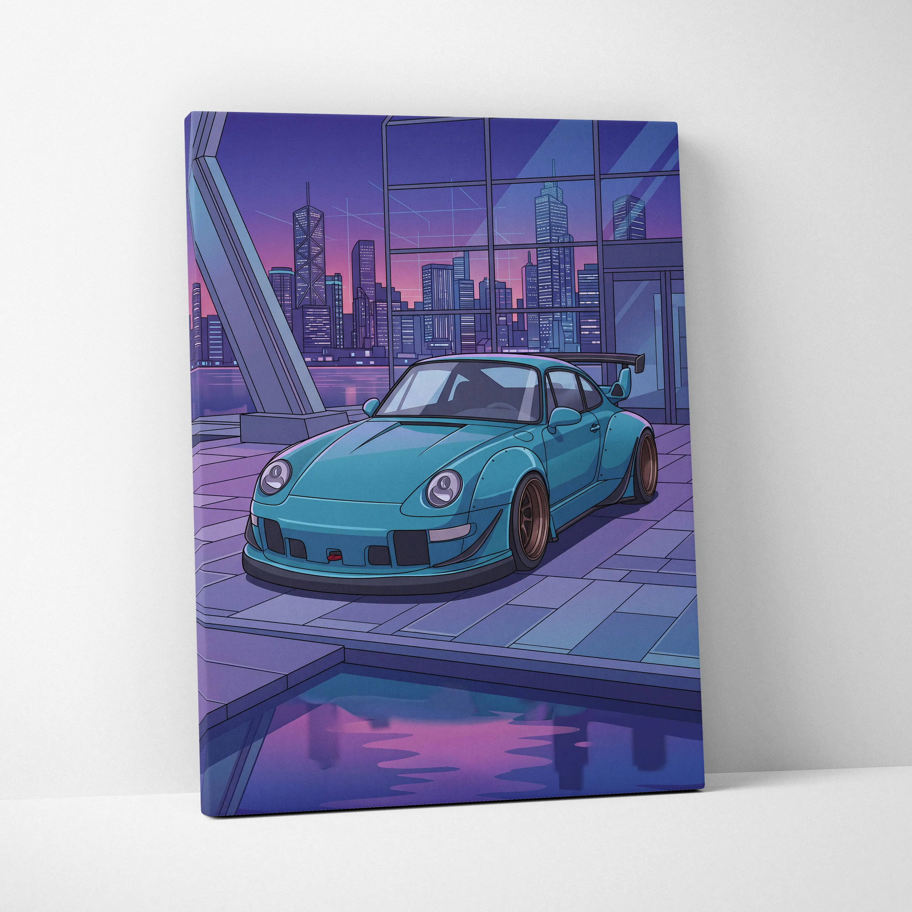 RWB Widebody Porsche 911 Inspired Neon Vaporwave City Canvas Art - Car Art Purple Teal Living Room Decor Vaporwave Canvas Print