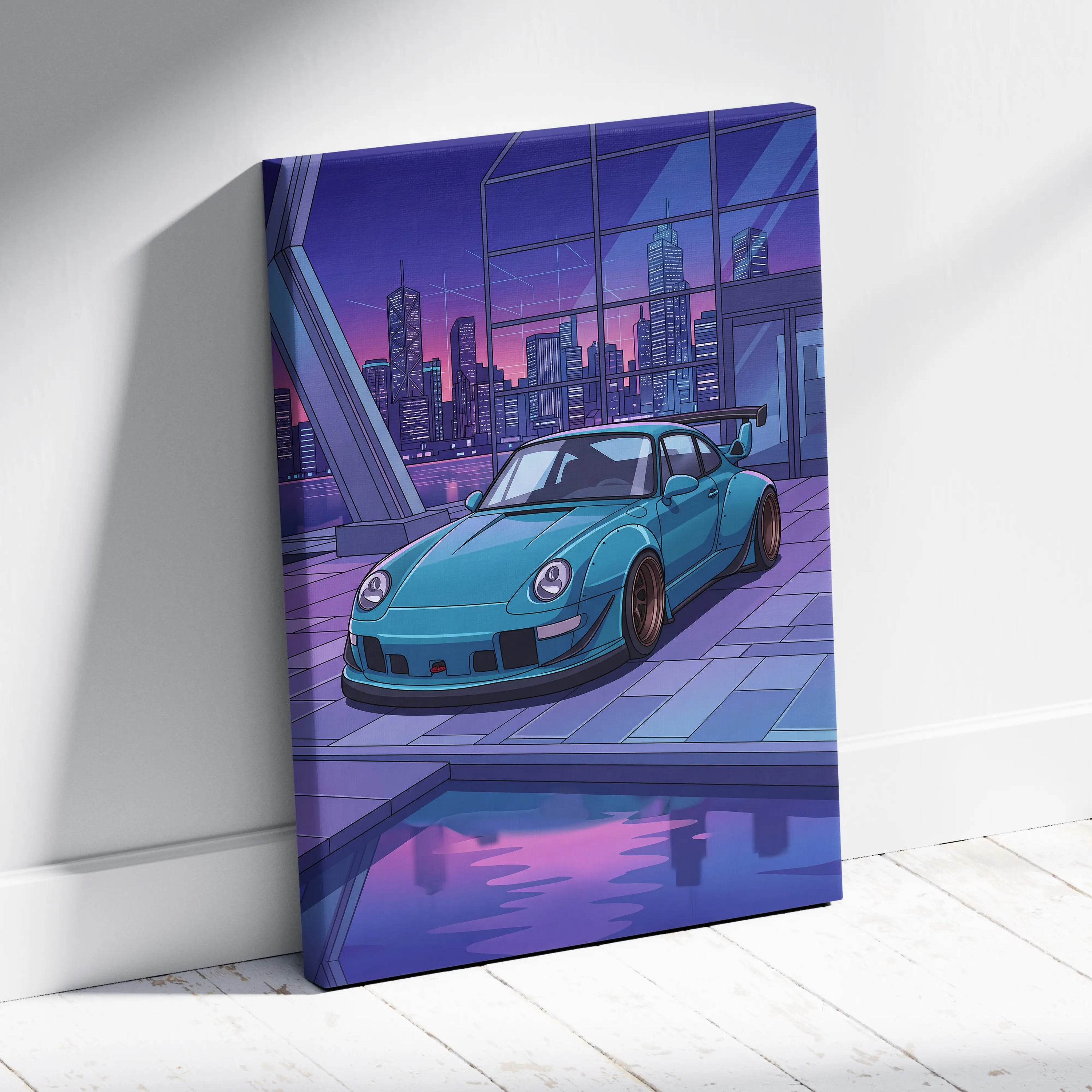 RWB Widebody Porsche 911 Inspired Neon Vaporwave City Canvas Art - Car Art Purple Teal Living Room Decor Vaporwave Canvas Print