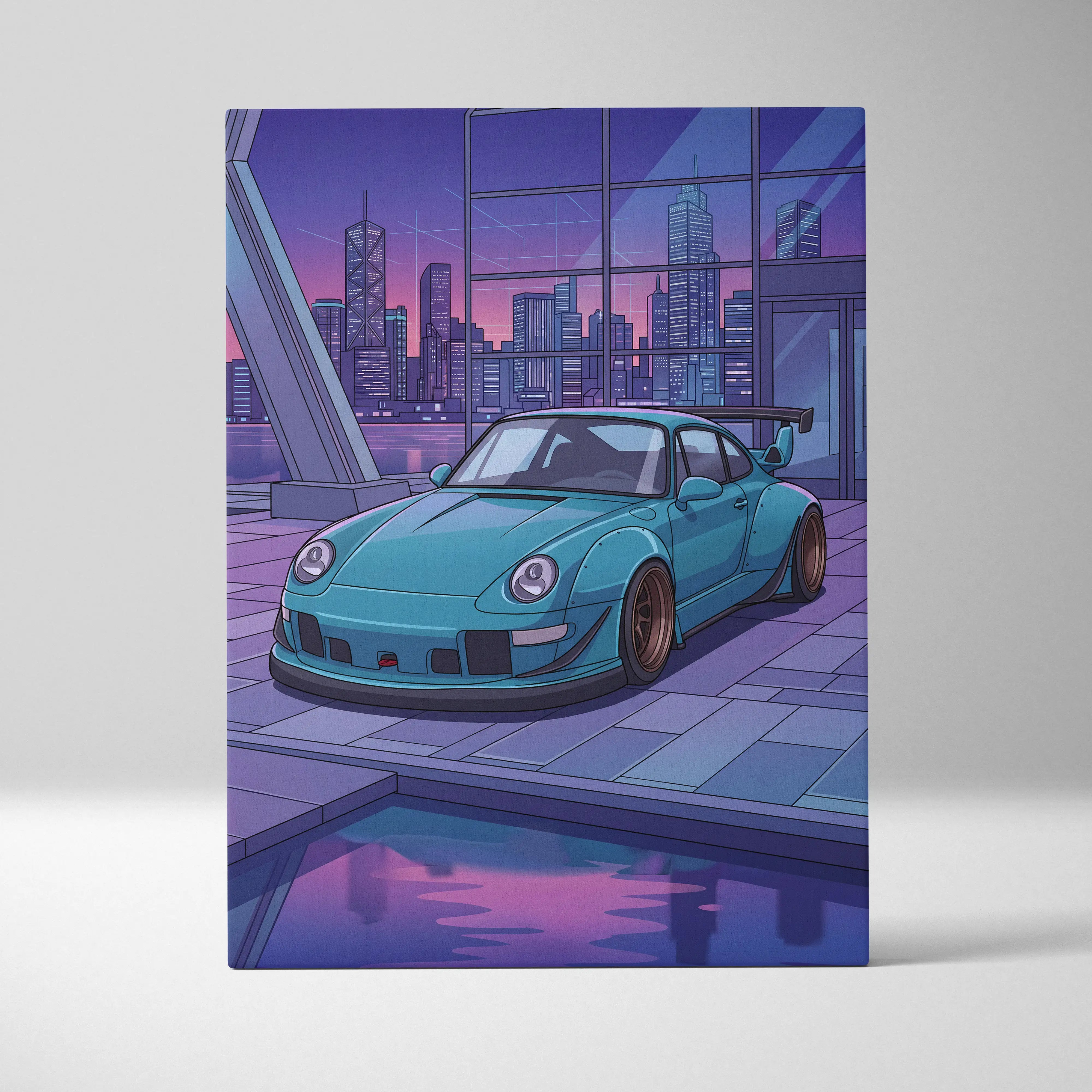 Stylized urban night canvas art of turquoise rwb widebody porsche 911 with gold rims and rear spoiler in neon vaporwave city