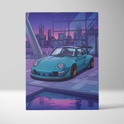 RWB Widebody Porsche 911 Inspired Neon Vaporwave City Canvas Art - Car Art Purple Teal Living Room Decor Vaporwave Canvas Print
