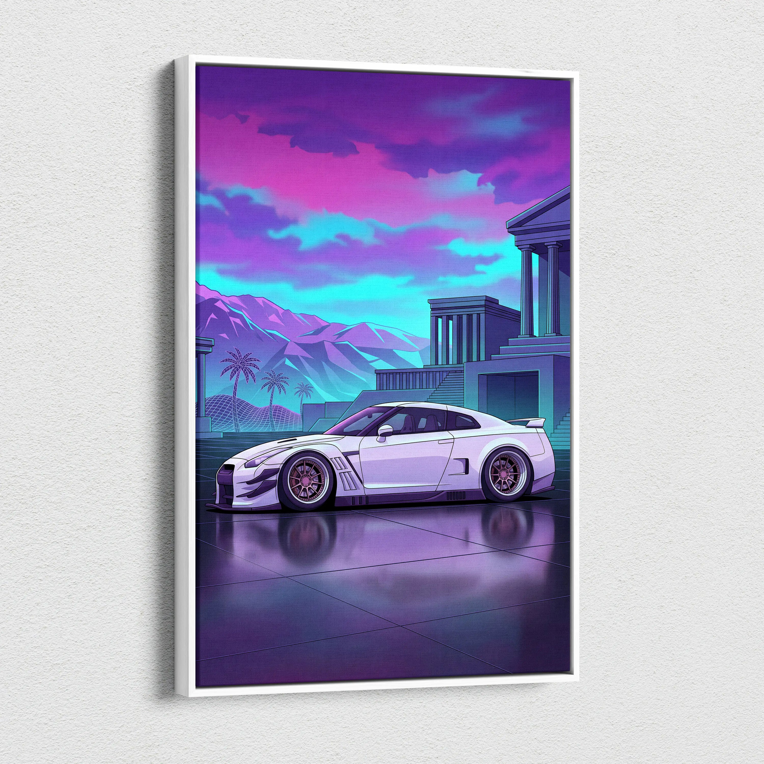 Nissan GT-R R35 Inspired Vaporwave Neon Car - Car Pink Purple Blue Living Room Vaporwave Nostalgic Futurist Canvas