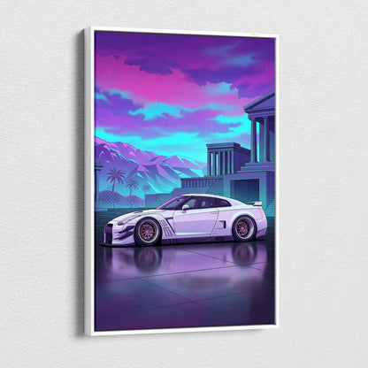 Nissan GT-R R35 Inspired Vaporwave Neon Car - Car Pink Purple Blue Living Room Vaporwave Nostalgic Futurist Canvas