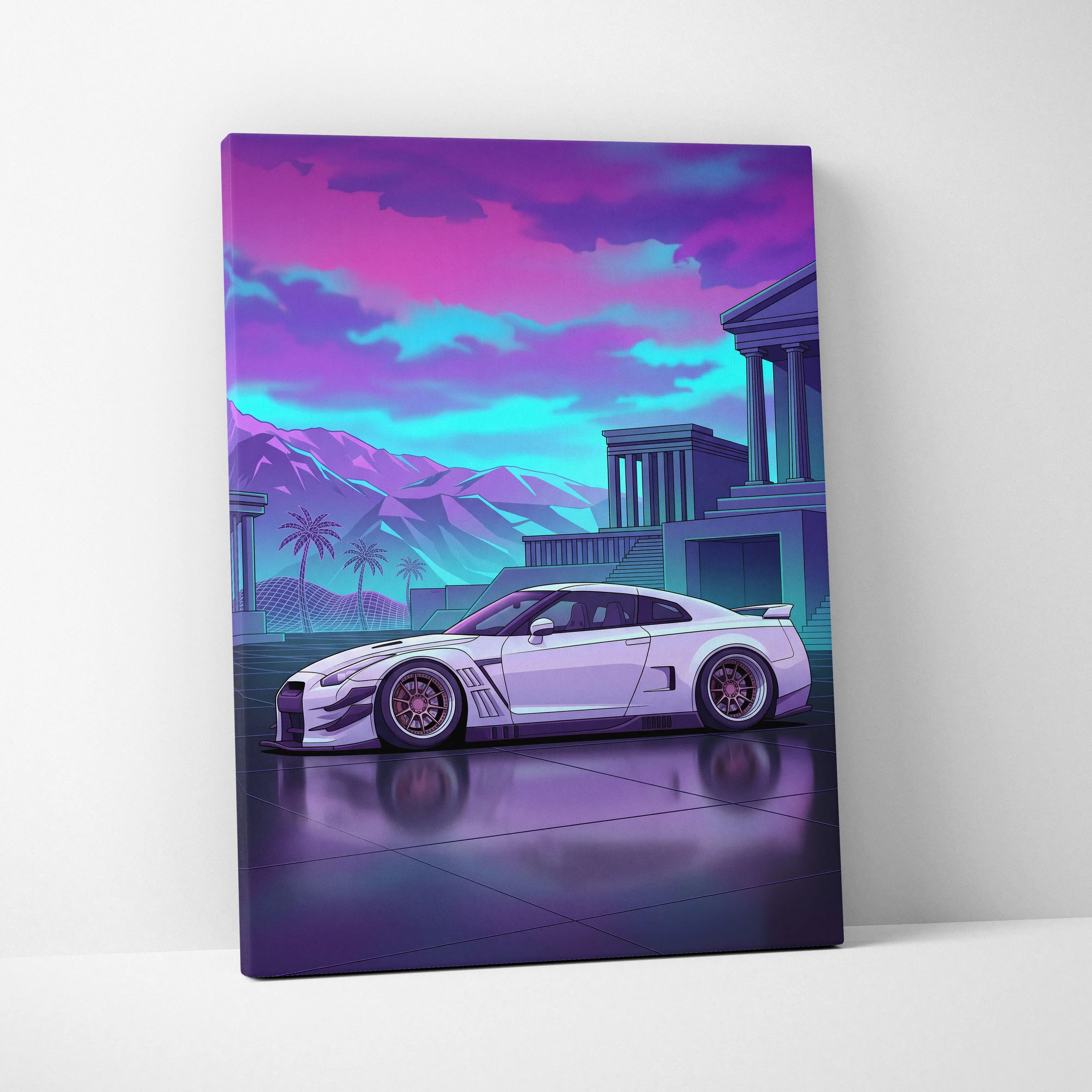 Nissan GT-R R35 Inspired Vaporwave Neon Car - Car Pink Purple Blue Living Room Vaporwave Nostalgic Futurist Canvas