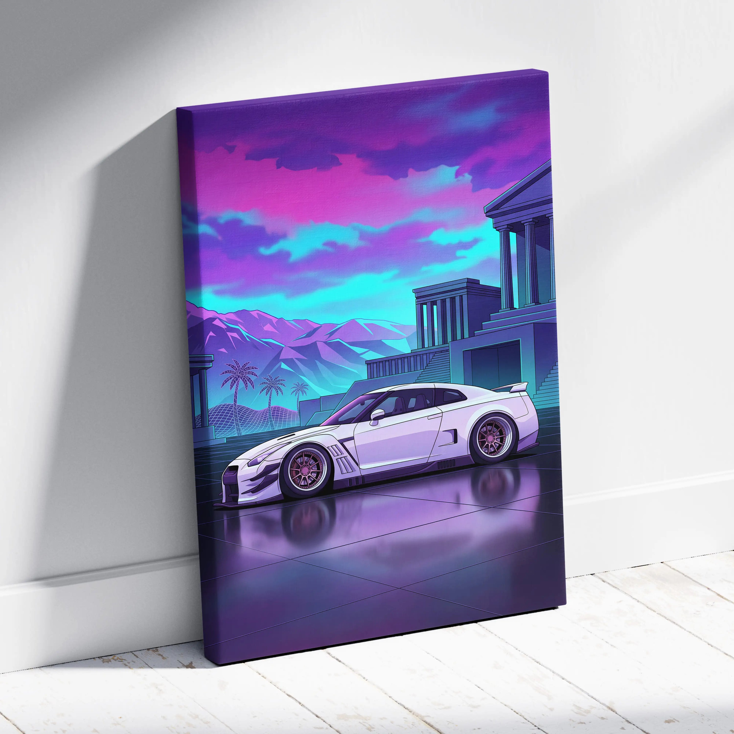 Nissan GT-R R35 Inspired Vaporwave Neon Car - Car Pink Purple Blue Living Room Vaporwave Nostalgic Futurist Canvas
