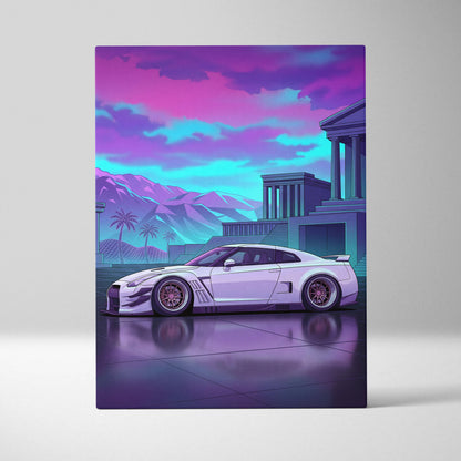 Nissan GT-R R35 Inspired Vaporwave Neon Car - Car Pink Purple Blue Living Room Vaporwave Nostalgic Futurist Canvas