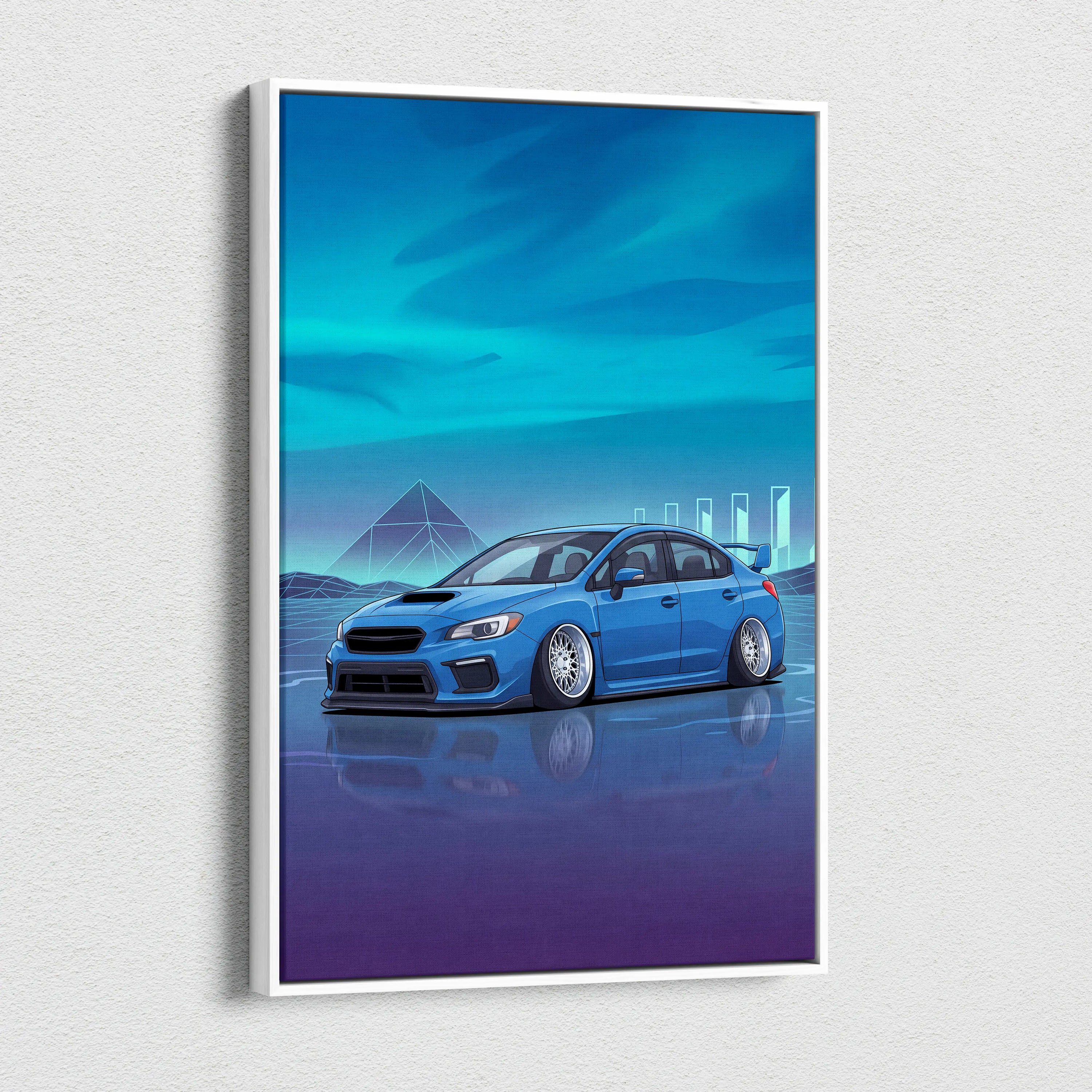 Slammed Subaru WRX STI Inspired Neon Vaporwave Car Canvas - Car Art, Neon Blues, Living Room Decor, Vaporwave