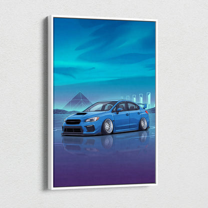 Slammed Subaru WRX STI Inspired Neon Vaporwave Car Canvas - Car Art, Neon Blues, Living Room Decor, Vaporwave