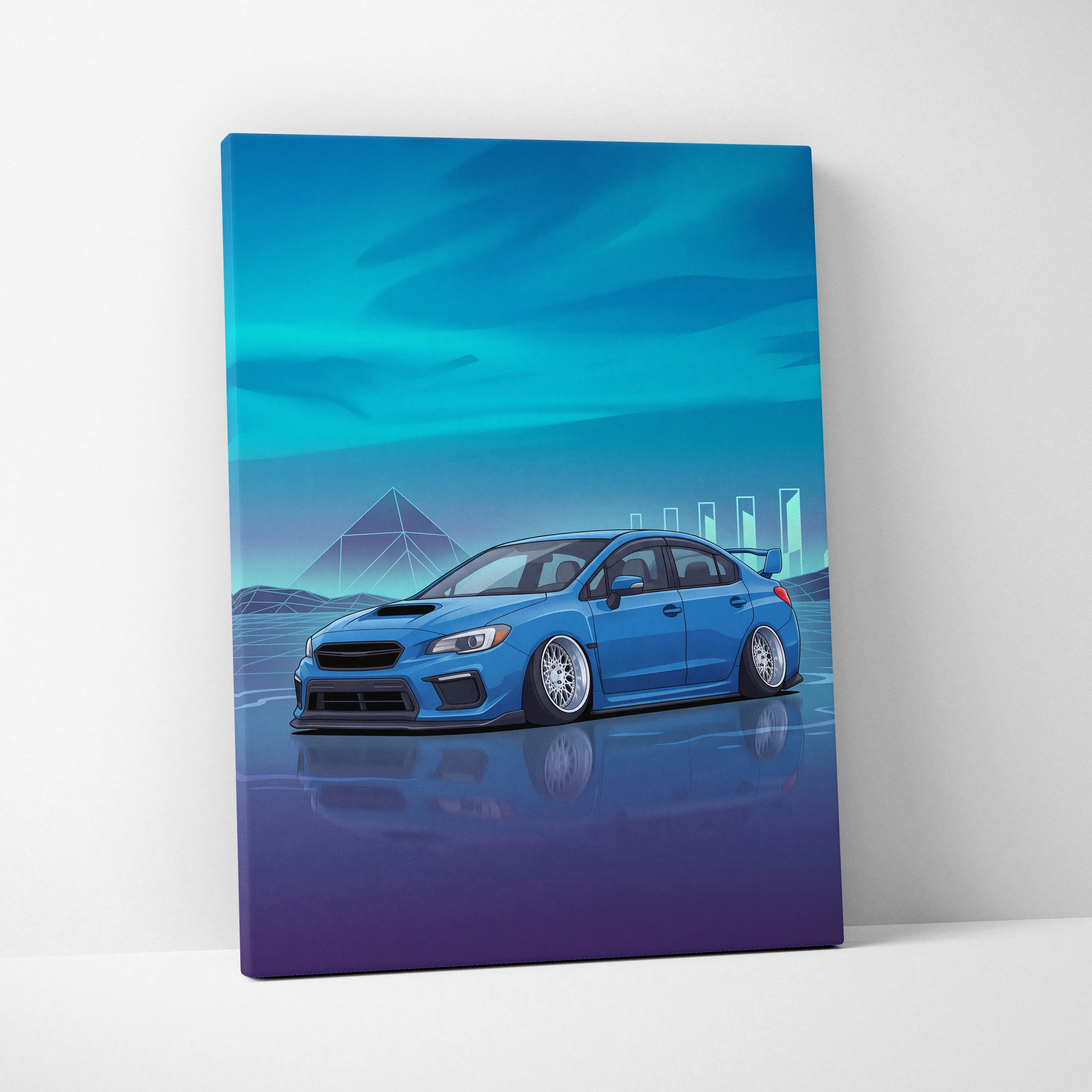 Slammed Subaru WRX STI Inspired Neon Vaporwave Car Canvas - Car Art, Neon Blues, Living Room Decor, Vaporwave