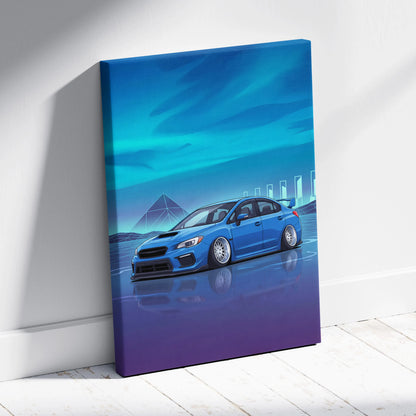 Slammed Subaru WRX STI Inspired Neon Vaporwave Car Canvas - Car Art, Neon Blues, Living Room Decor, Vaporwave
