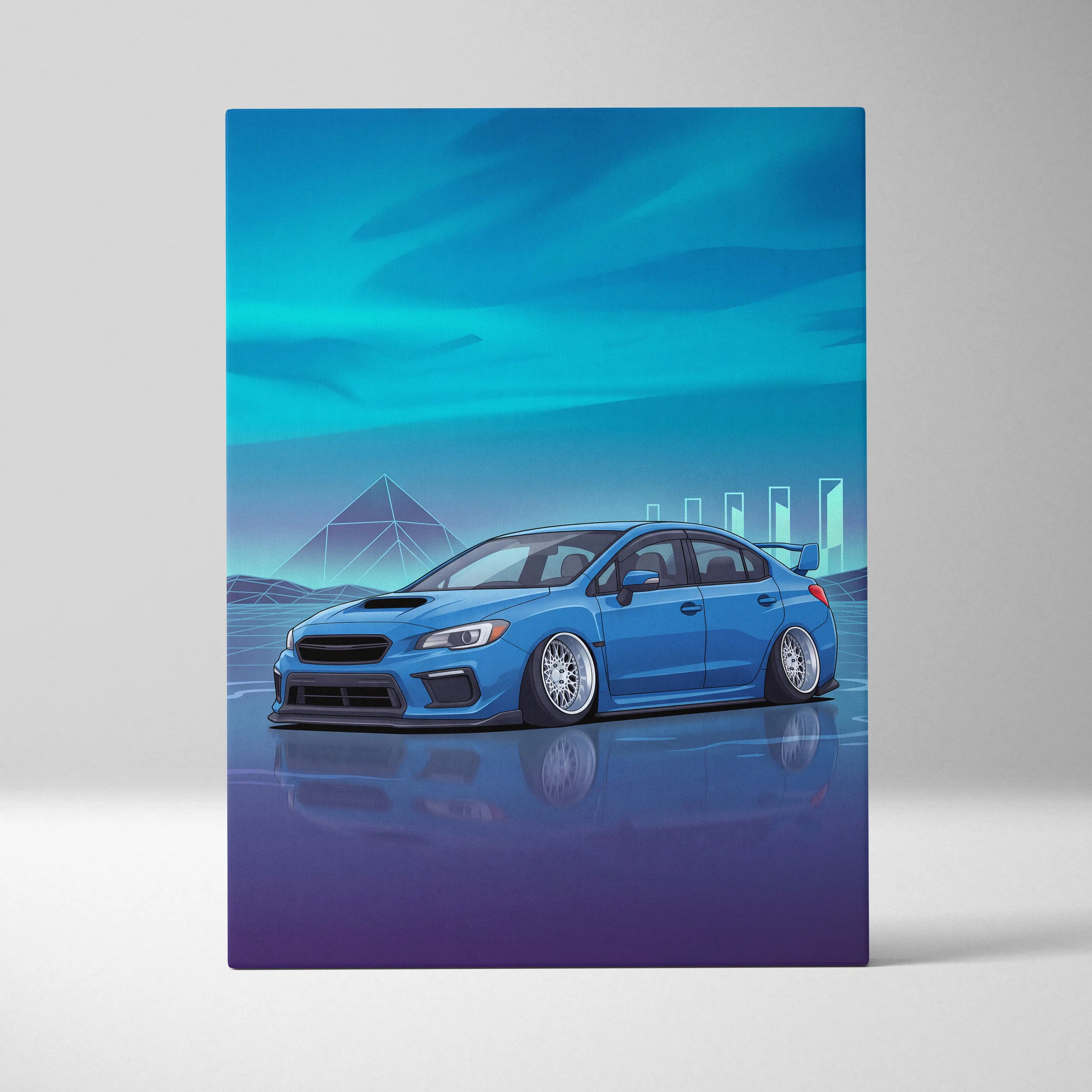 Slammed Subaru WRX STI Inspired Neon Vaporwave Car Canvas - Car Art, Neon Blues, Living Room Decor, Vaporwave