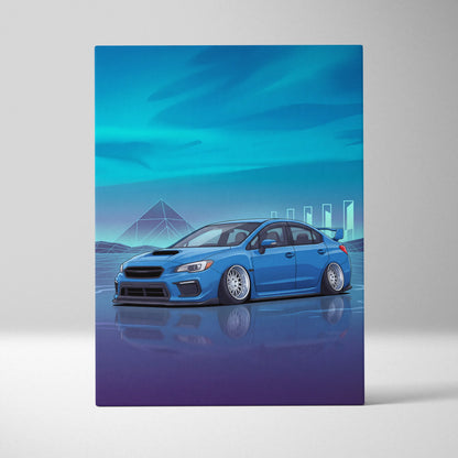 Slammed Subaru WRX STI Inspired Neon Vaporwave Car Canvas - Car Art, Neon Blues, Living Room Decor, Vaporwave