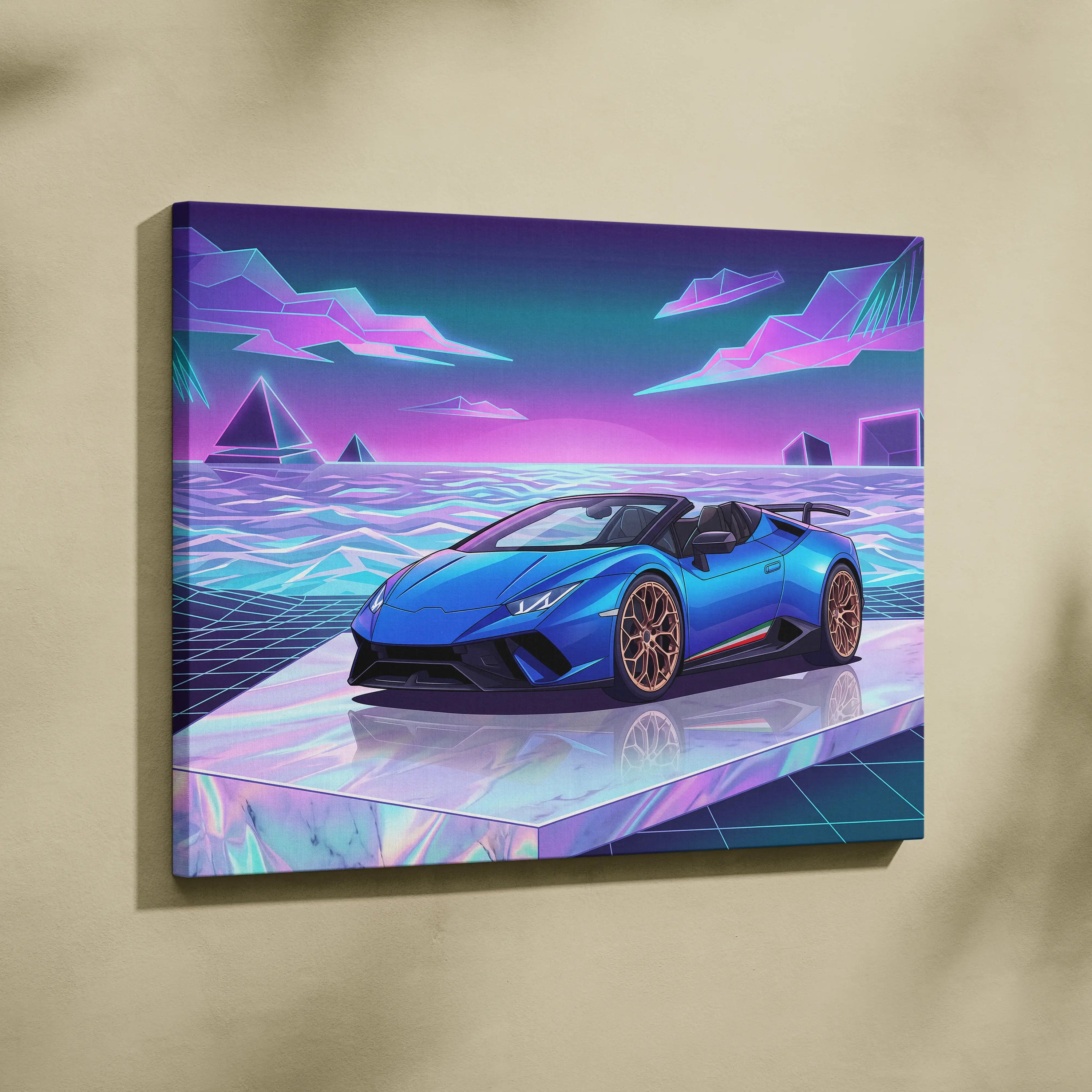 Lamborghini Huracan Performante Spyder Inspired Neon Vaporwave Canvas Art