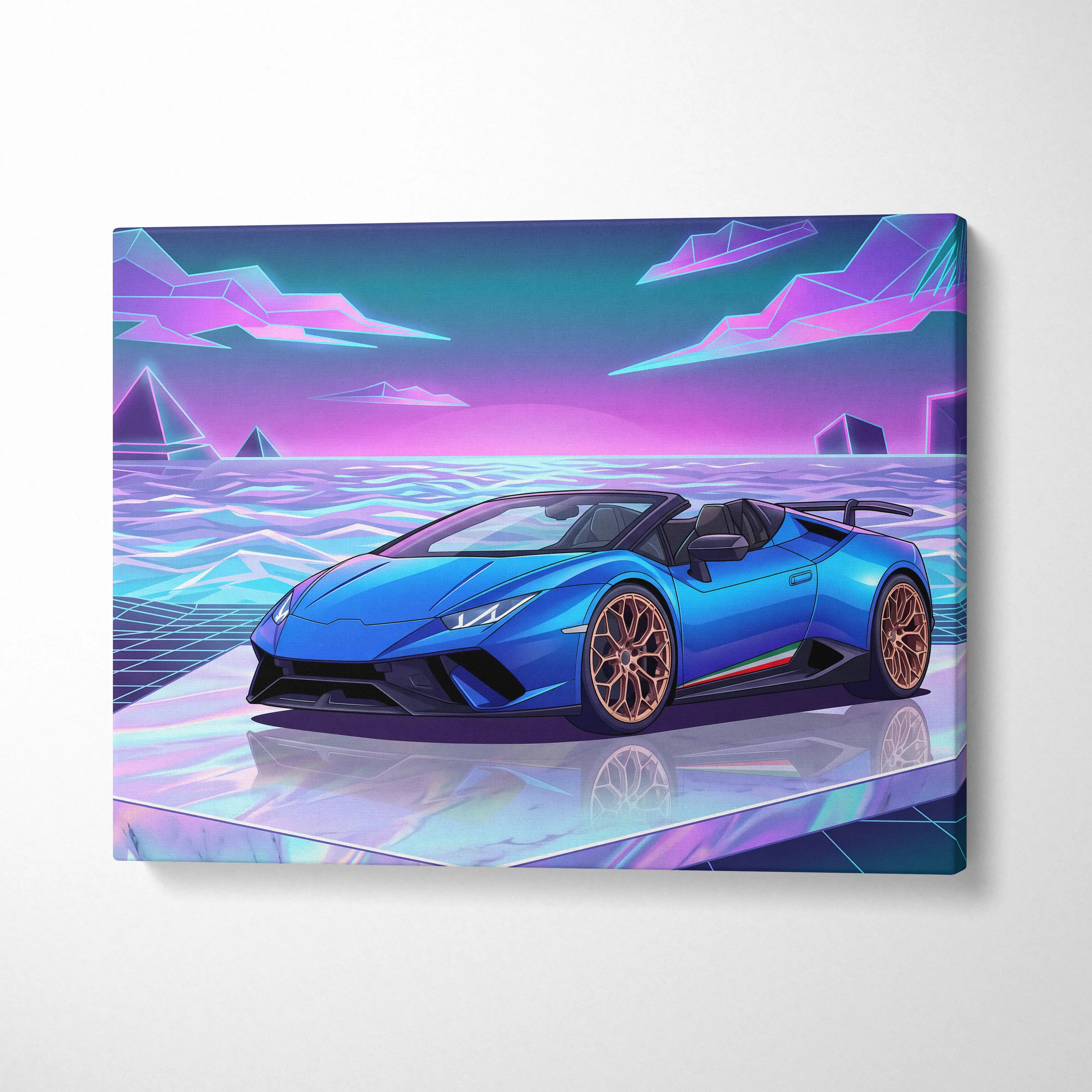 Vibrant blue Lamborghini Huracan Performante Spyder canvas art with copper wheels in neon vaporwave cyberpunk style