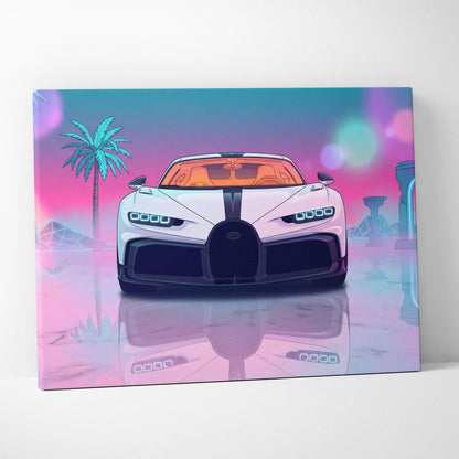 Bugatti Chiron Inspired Vaporwave Neon Night Drive Canvas - Car Art Neon Pink Blue Living Room Vaporwave Mood Neon Retro Futurism Wall Art Canvas