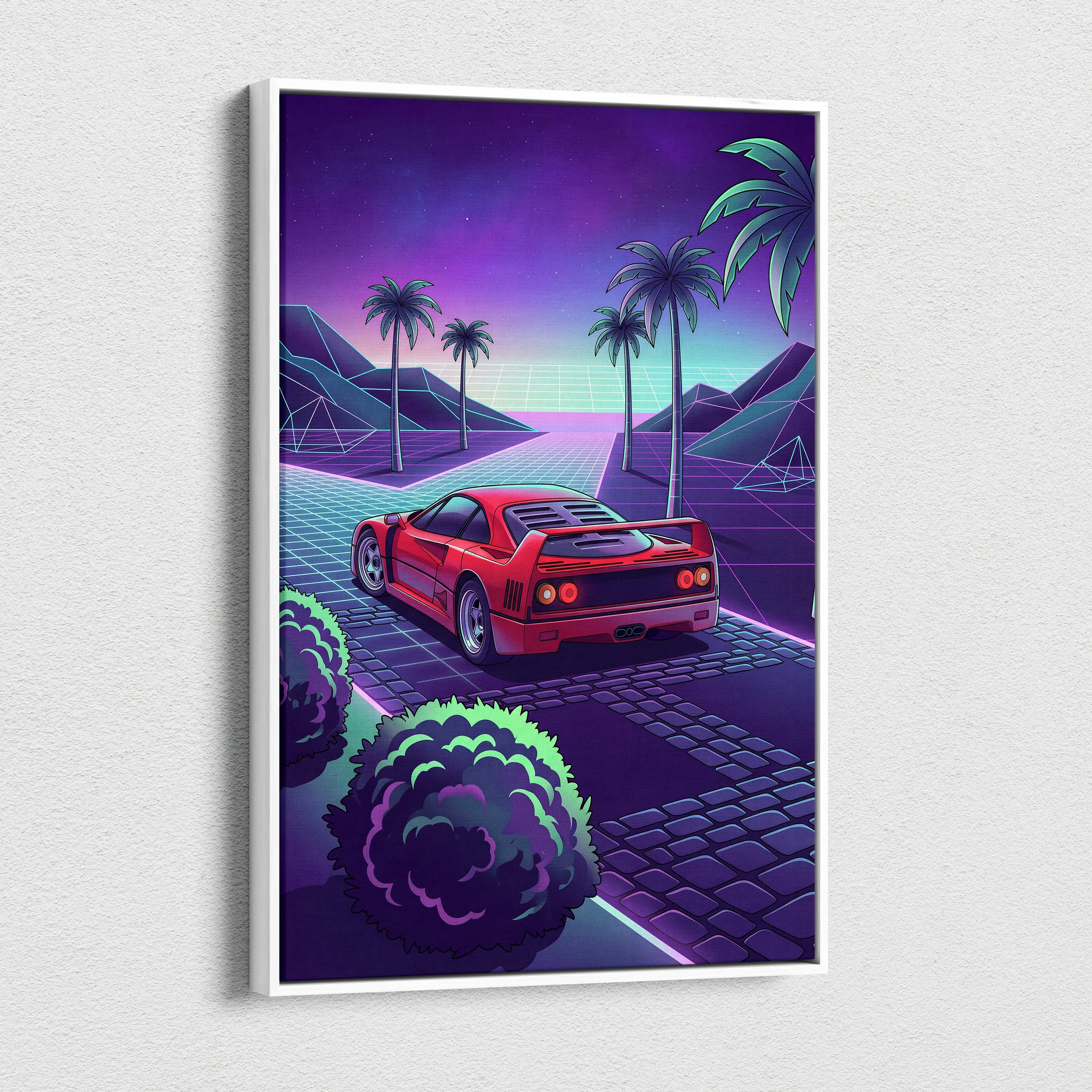Ferrari F40 Inspired Neon Vaporwave Car Canvas - Nostalgic Mood Car Art Neon Purple Teal Living Room Print