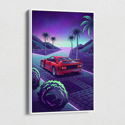 Ferrari F40 Inspired Neon Vaporwave Car Canvas - Nostalgic Mood Car Art Neon Purple Teal Living Room Print