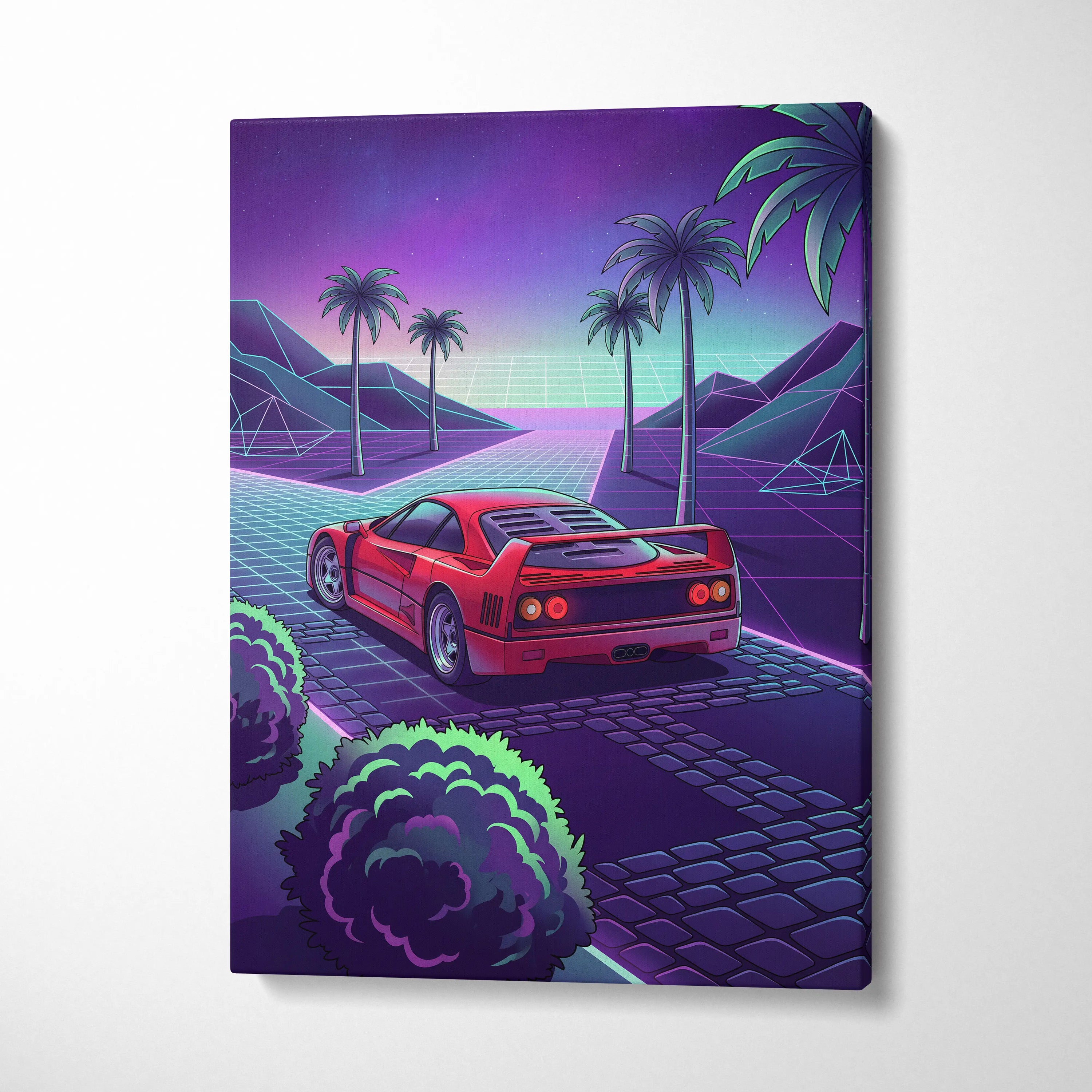 Ferrari F40 Inspired Neon Vaporwave Car Canvas - Nostalgic Mood Car Art Neon Purple Teal Living Room Print