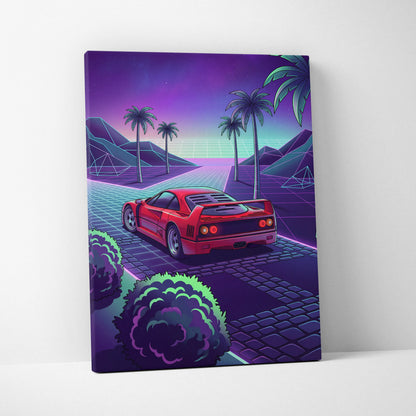 Ferrari F40 Inspired Neon Vaporwave Car Canvas - Nostalgic Mood Car Art Neon Purple Teal Living Room Print