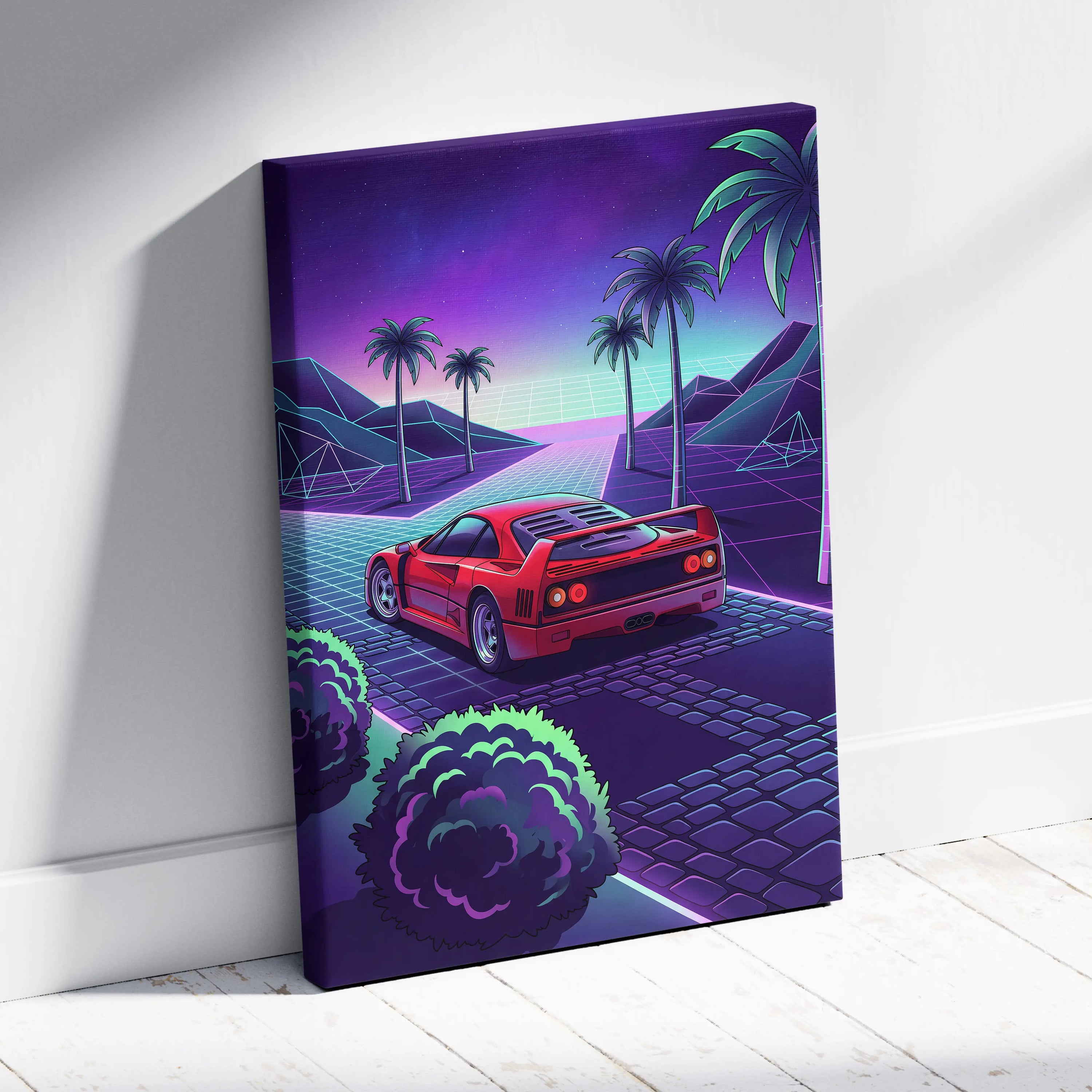 Ferrari F40 Inspired Neon Vaporwave Car Canvas - Nostalgic Mood Car Art Neon Purple Teal Living Room Print
