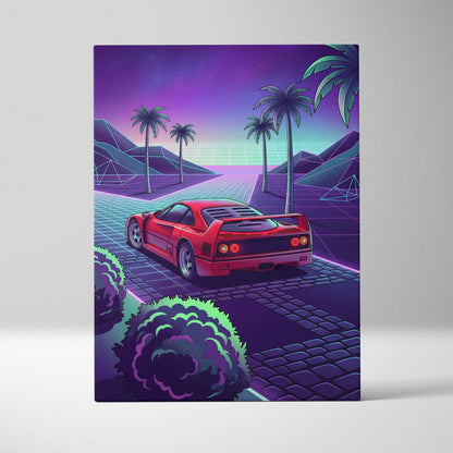 Ferrari F40 Inspired Neon Vaporwave Car Canvas - Nostalgic Mood Car Art Neon Purple Teal Living Room Print
