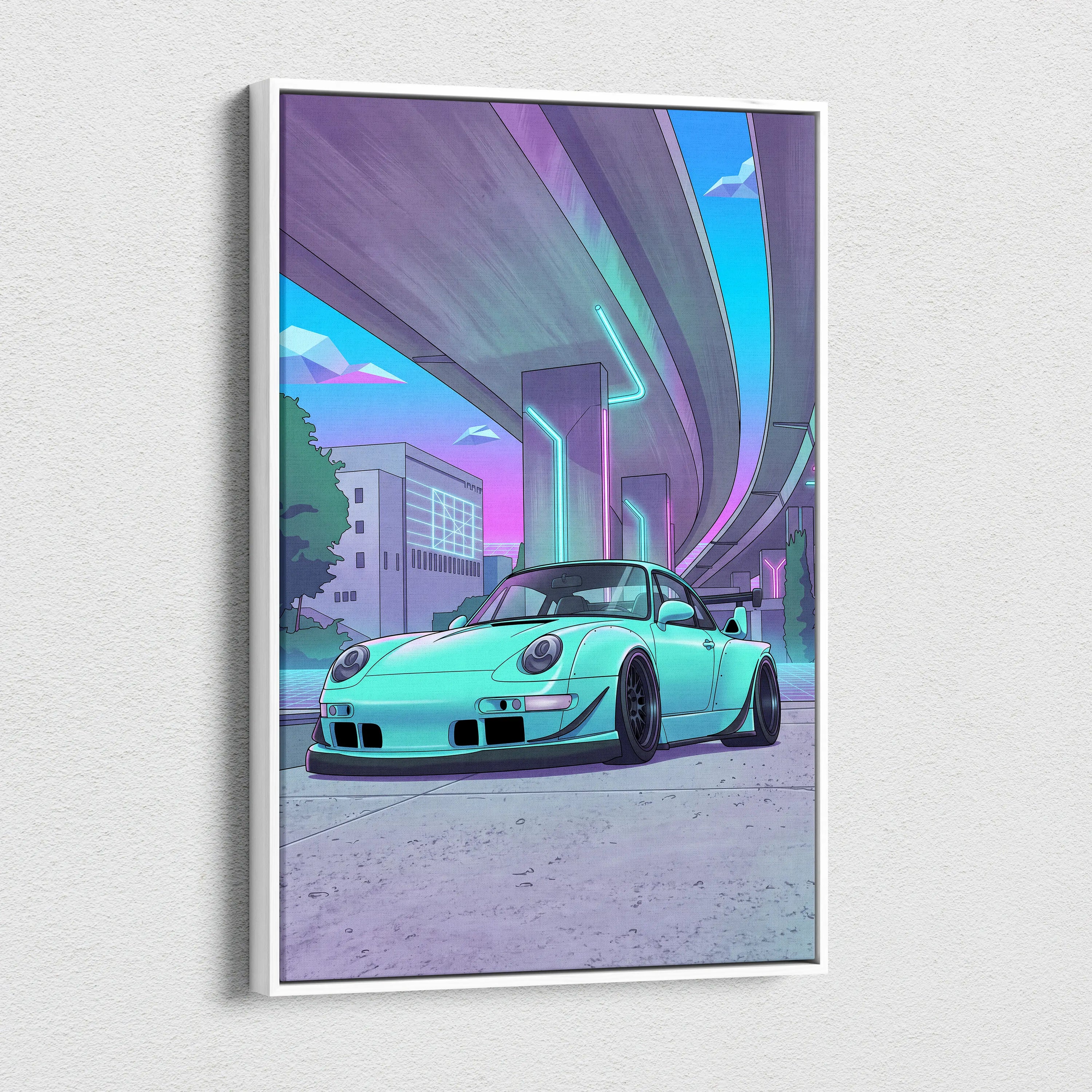 RWB Porsche 911 Inspired Neon Vaporwave Car Canvas - 911 Car Artwork Neon Pink Teal Nostalgic Mood Retro-Futuristic Canvas
