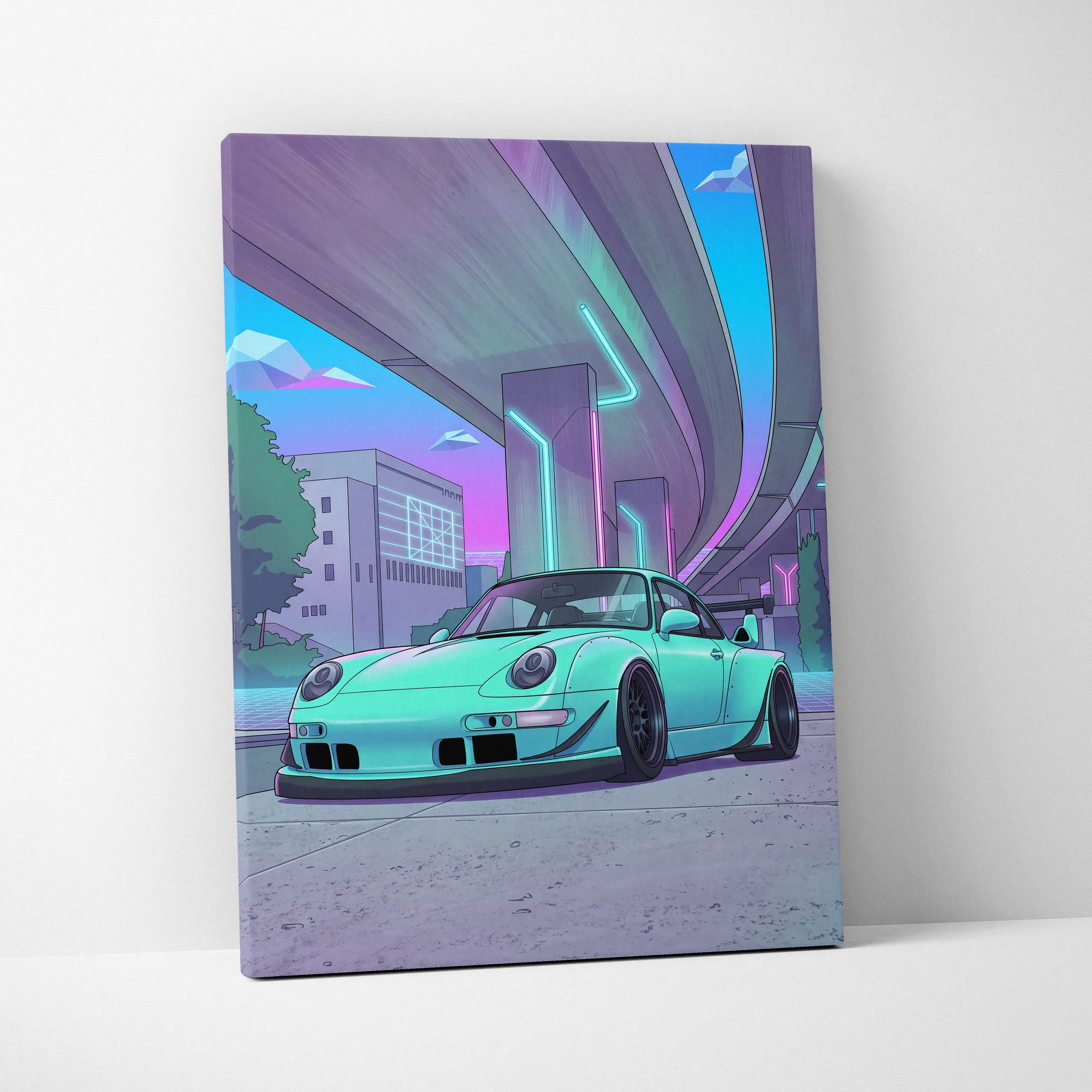 RWB Porsche 911 Inspired Neon Vaporwave Car Canvas - 911 Car Artwork Neon Pink Teal Nostalgic Mood Retro-Futuristic Canvas