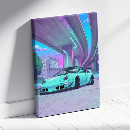 RWB Porsche 911 Inspired Neon Vaporwave Car Canvas - 911 Car Artwork Neon Pink Teal Nostalgic Mood Retro-Futuristic Canvas