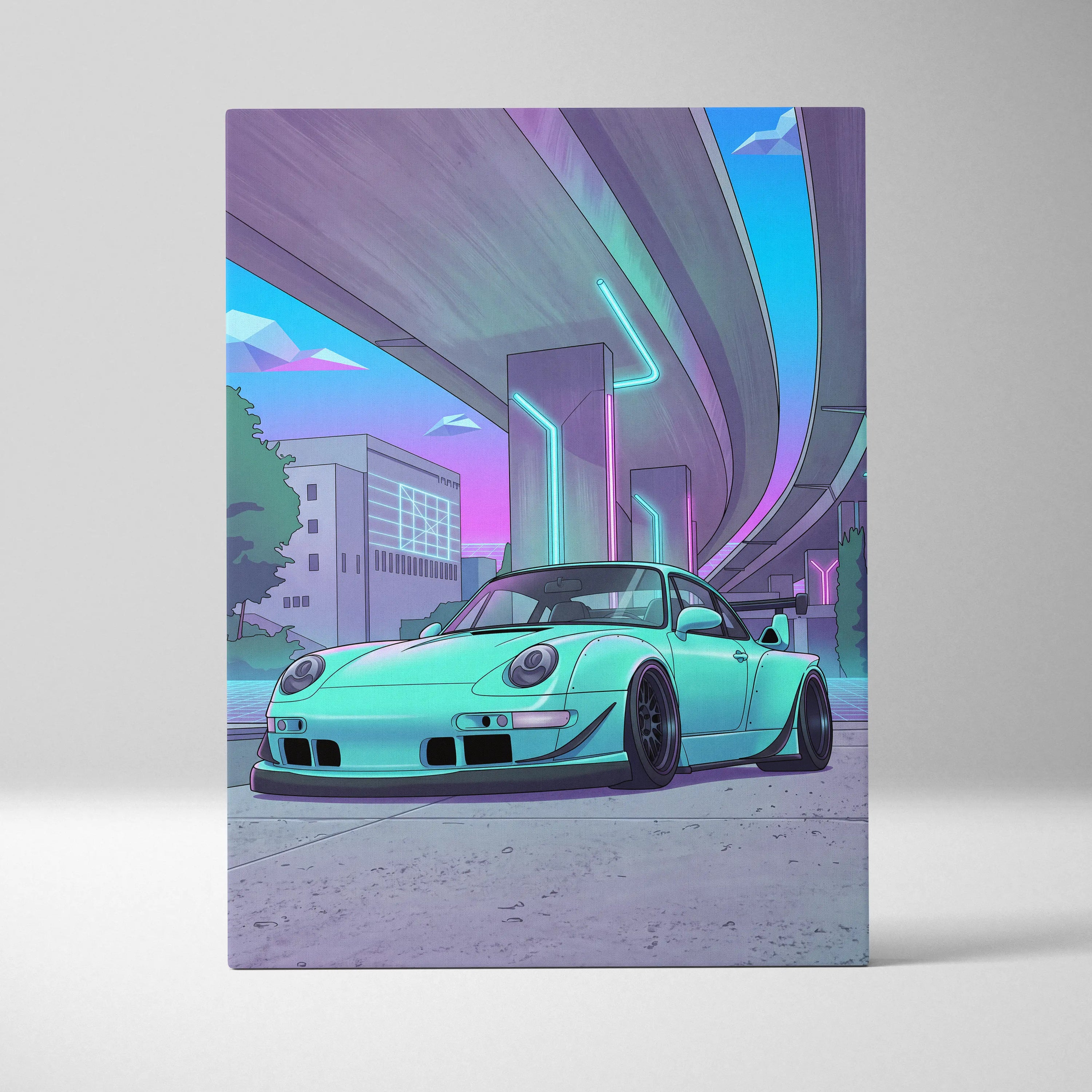 RWB Porsche 911 Inspired Neon Vaporwave Car Canvas - 911 Car Artwork Neon Pink Teal Nostalgic Mood Retro-Futuristic Canvas
