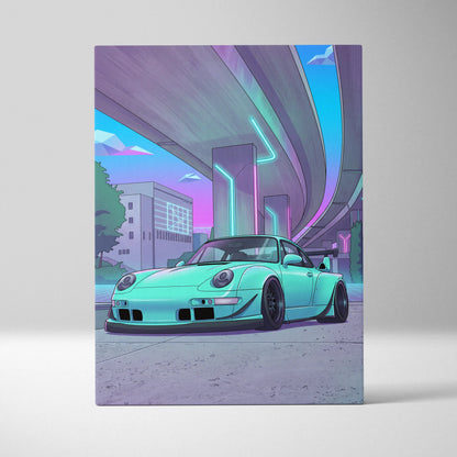 RWB Porsche 911 Inspired Neon Vaporwave Car Canvas - 911 Car Artwork Neon Pink Teal Nostalgic Mood Retro-Futuristic Canvas