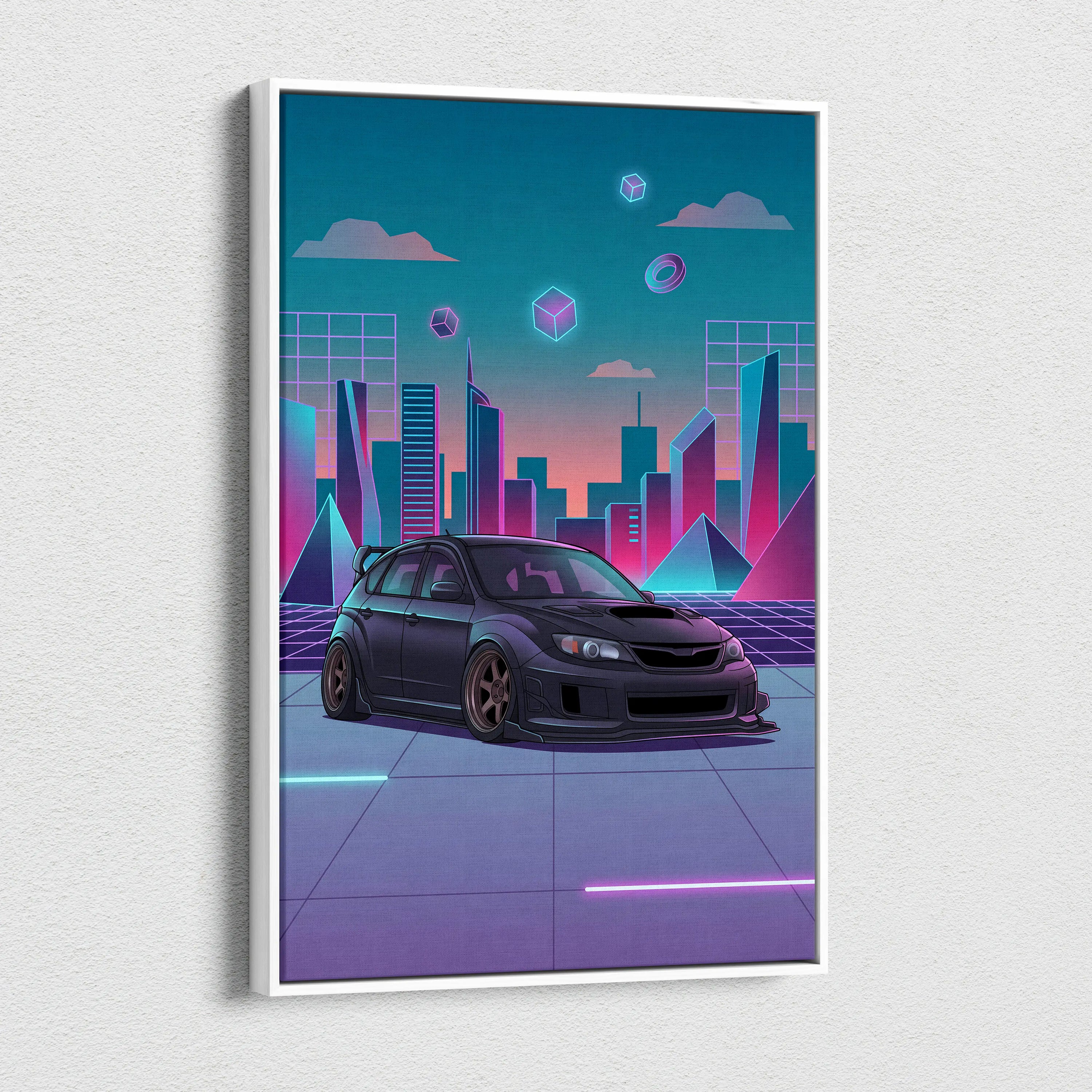 Subaru WRX STI Hatch Inspired, Neon Vaporwave City Canvas - City Pink Teal Living Room Vaporwave Nostalgia Wall Art Giclée Canvas