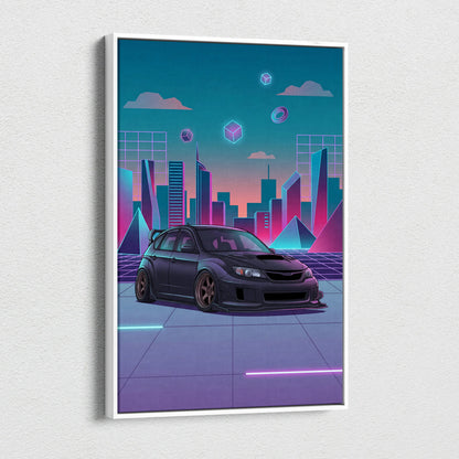 Subaru WRX STI Hatch Inspired, Neon Vaporwave City Canvas - City Pink Teal Living Room Vaporwave Nostalgia Wall Art Giclée Canvas