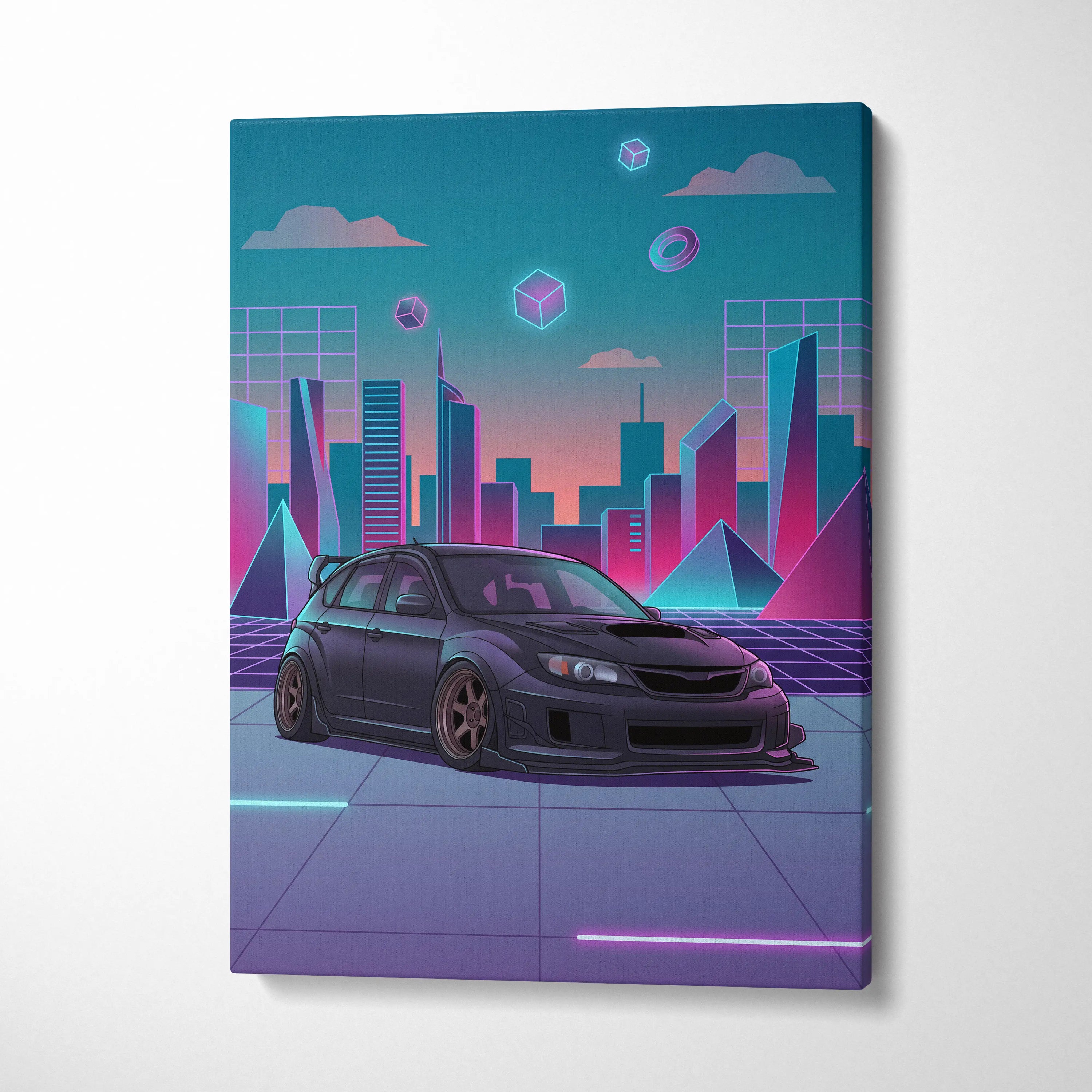 Subaru WRX STI Hatch Inspired, Neon Vaporwave City Canvas - City Pink Teal Living Room Vaporwave Nostalgia Wall Art Giclée Canvas