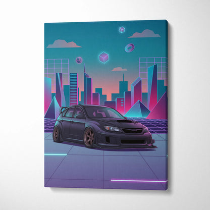 Subaru WRX STI Hatch Inspired, Neon Vaporwave City Canvas - City Pink Teal Living Room Vaporwave Nostalgia Wall Art Giclée Canvas